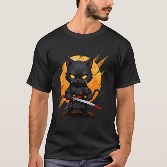Ninja Cat Japanese Samurai Cat T-Shirt (Front)