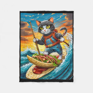 Ninja Cat Surfing A Taco Surfboard With Hot Sauce  Fleece Blanket