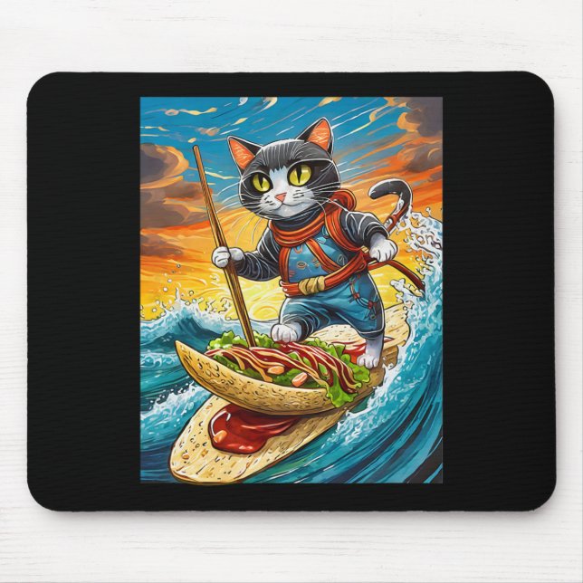 Ninja Cat Surfing A Taco Surfboard With Hot Sauce  Mouse Pad (Front)