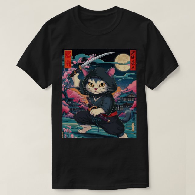 Ninja Cat with Katana Sword Japanese Martial Art T-Shirt (Design Front)