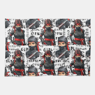 Ninja Girls Anime With Text Pattern Design Tea Towel