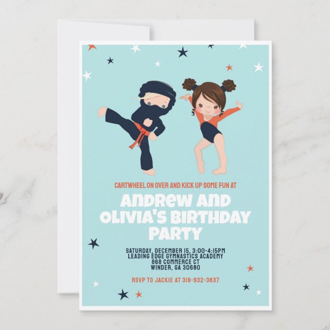 Ninja Gymnastics Twin Birthday Party Invitation (Front)