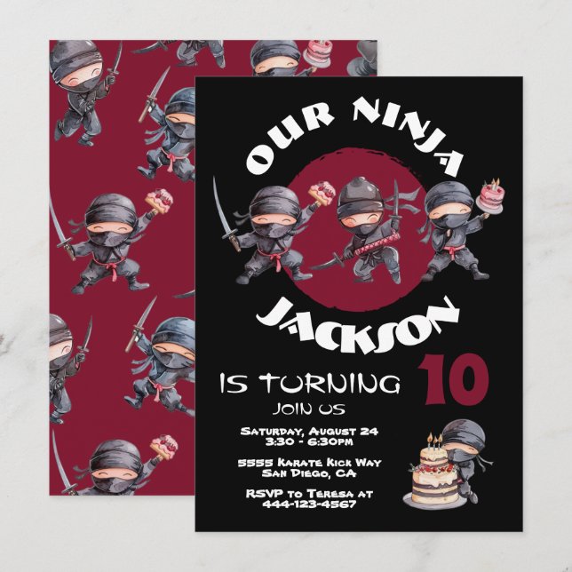 Ninja Karate Cake Warrior Birthday Party Invitation (Front/Back)