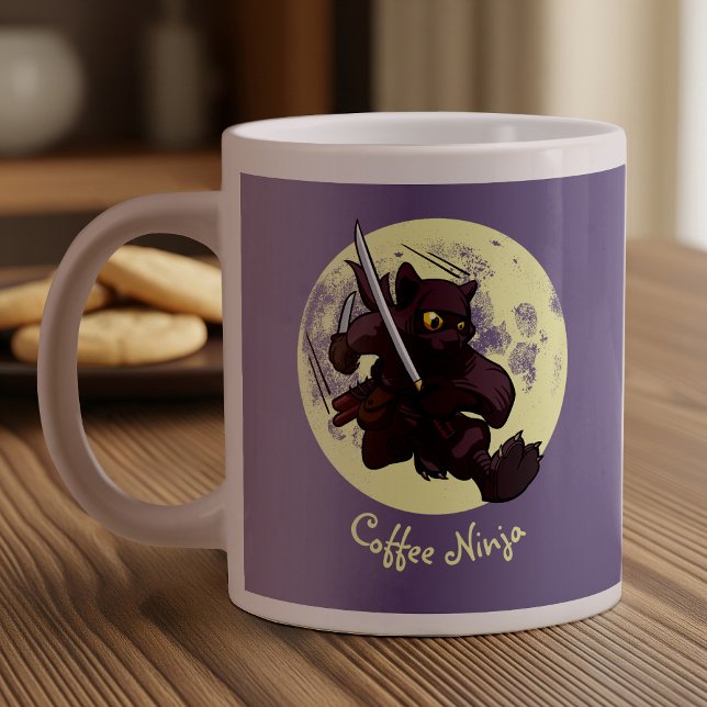 Ninja Katana Swords Flying Kick Cartoon Black Cat Large Coffee Mug (Creator Uploaded)