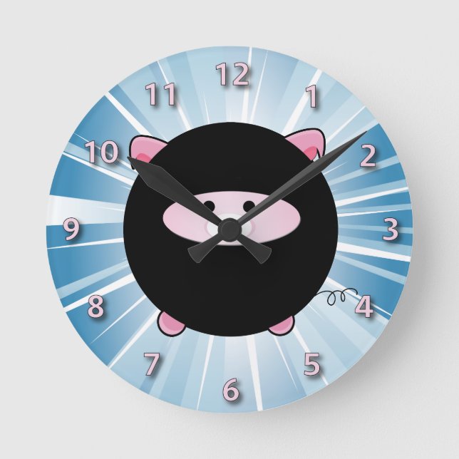 Ninja Pig on Blue Round Clock (Front)