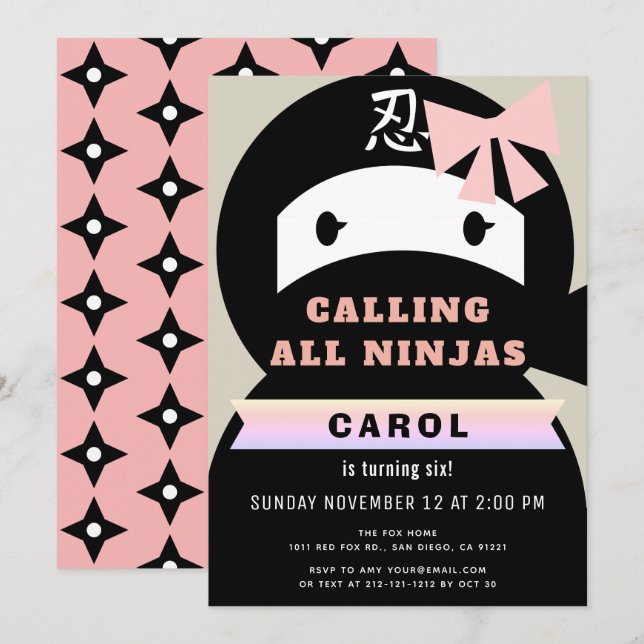 Ninja Pink & Black Girl Birthday Invitation (Front/Back)
