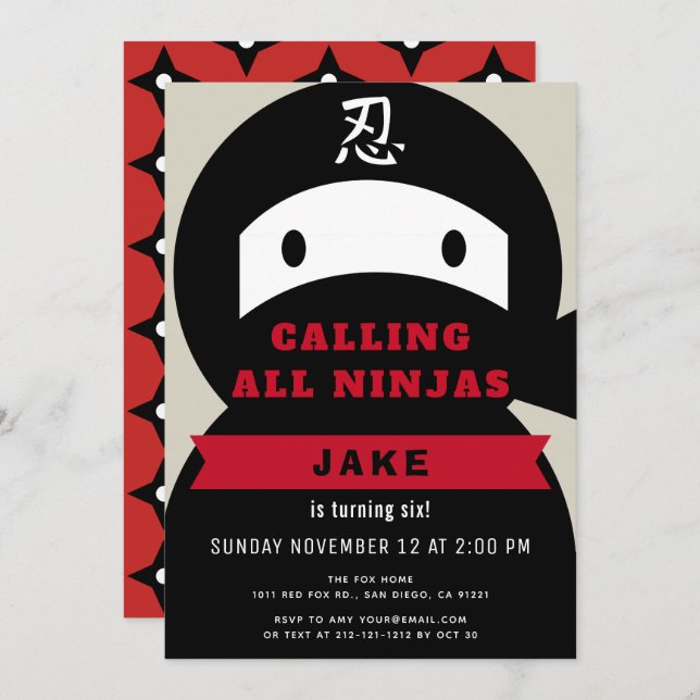 Ninja Red & Black Boy Birthday Invitation (Front/Back)