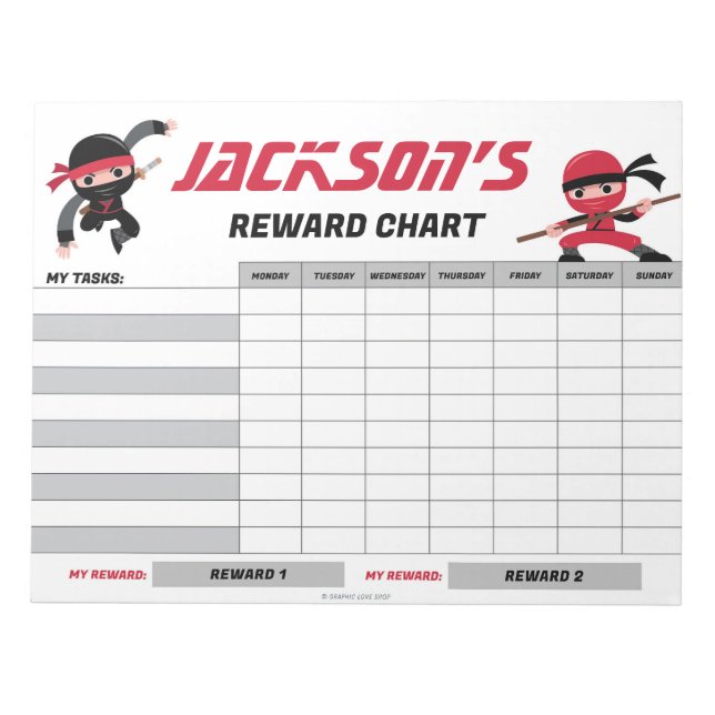 Ninja Red Black Reward Chart Personalised Tasks Notepad (Front)