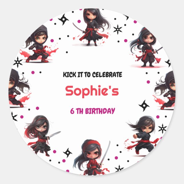 Ninja style kids girlish birthday classic round sticker (Front)