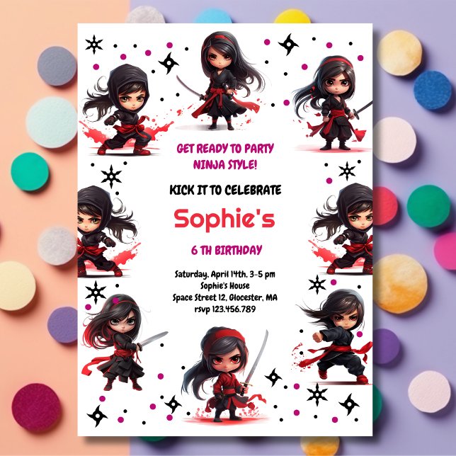 Ninja style kids girlish birthday invitation (Creator Uploaded)