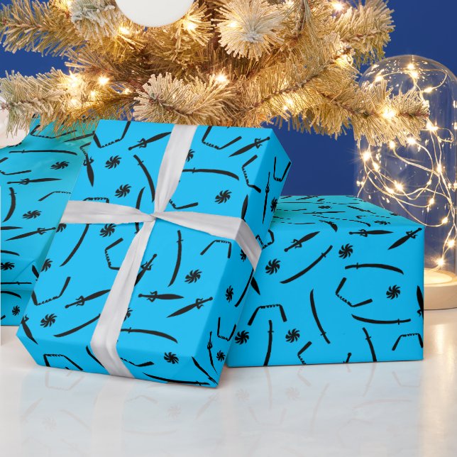 Ninja Sword and Throwing Stars Pattern Black Blue Wrapping Paper (Holidays)