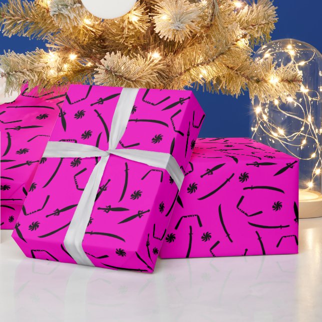Ninja Sword and Throwing Stars Pattern Black Pink  Wrapping Paper (Holidays)