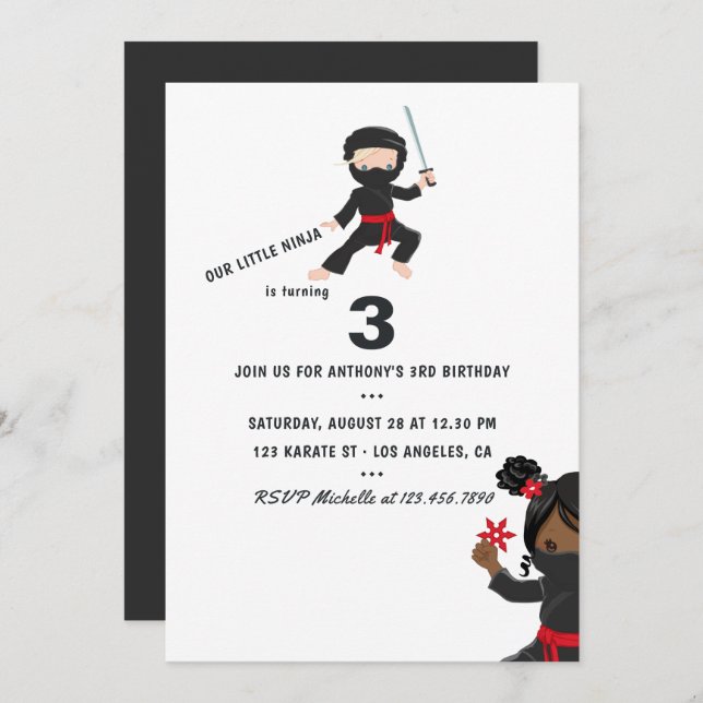 Ninja themed Birthday Party Invitation (Front/Back)