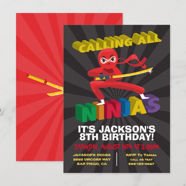 Ninja Warrior Birthday Party Invitation (Front/Back)