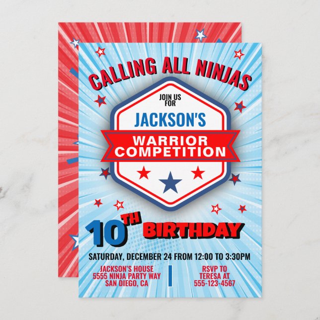 Ninja warrior birthday party invitation (Front/Back)