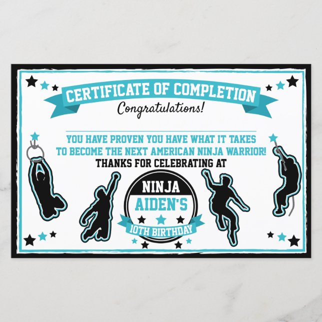 Ninja Warrior Boys Party Certificate of Completion (Front)