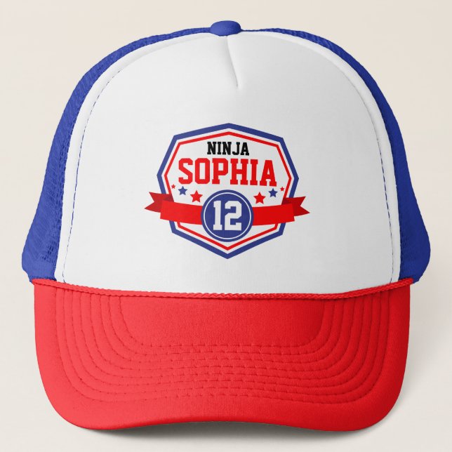 Ninja Warrior Girls Birthday Party Name & Age Trucker Hat (Front)