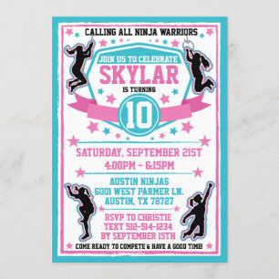 Ninja Warrior Girls Pink Teal Birthday Party Invitation