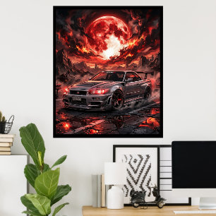 Nissan Skyline R34 Under a Crimson Moon Poster