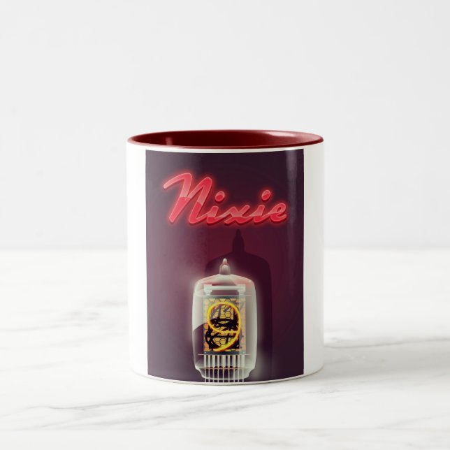 Nixie Tube vintage poster Two-Tone Coffee Mug (Center)