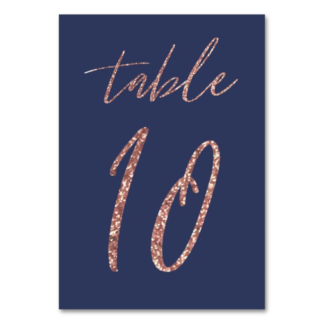 No. 10 - Glam Glitter Rose Gold and Blue Wedding Table Number (Front)