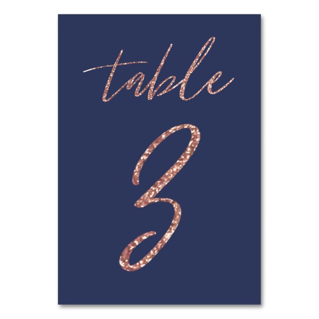 No, 3 - Glam Glitter Rose Gold and Blue Wedding Table Number (Front)