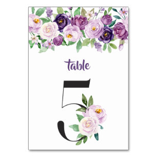No. 5 Purple & Lavender Watercolor Roses Table Number