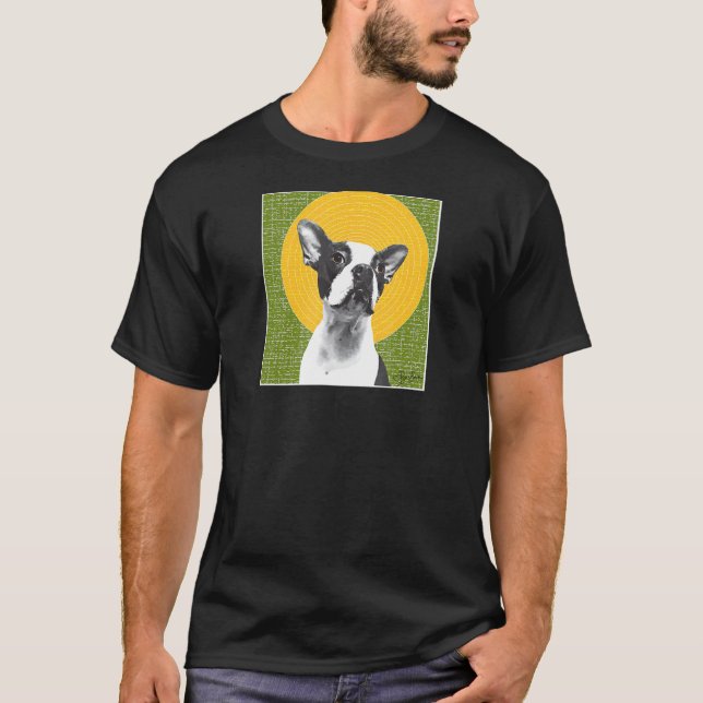 No. 619 Hugo With A Halo Boston Terrier Halo Green T-Shirt (Front)