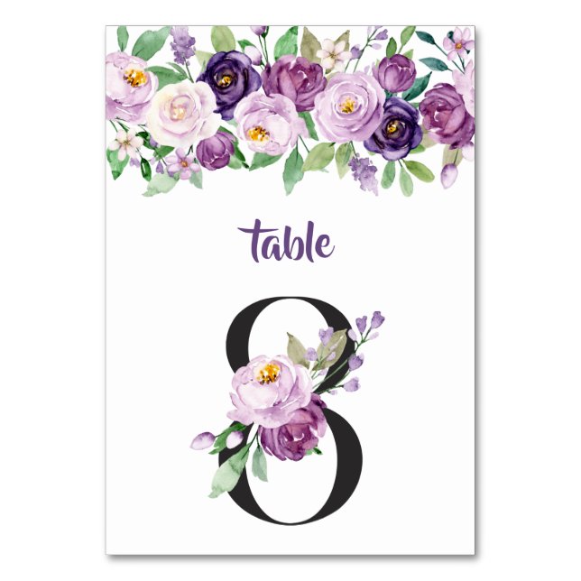 No. 8 Purple & Lavender Watercolor Roses Table Number (Front)