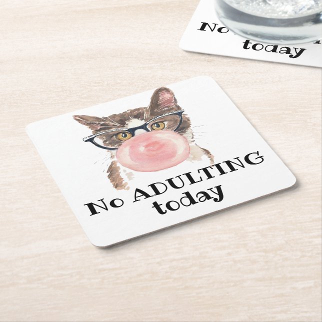 No Adulting Today Funny Cat Square Paper Coaster (Angled)
