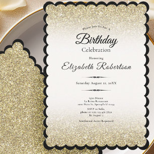 No Age Elegant Black and Gold Glitter Birthday Invitation