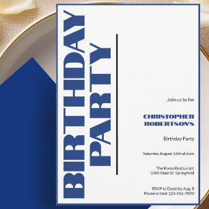 No Age Modern Minimalist Birthday Blue and Black Invitation