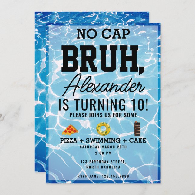 No Cap Bruh, Boy Teenager Birthday Pizza Pool  Invitation (Front/Back)