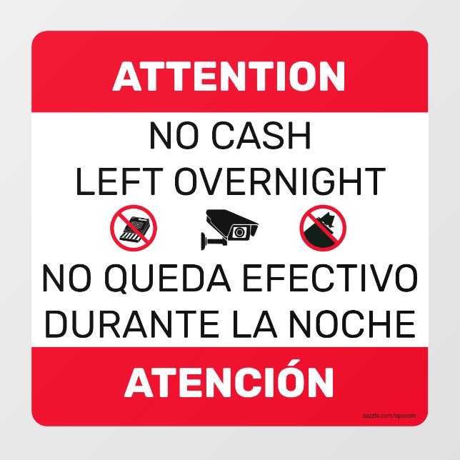 No Cash Left Overnight door window sign. Rounded (Sheet)