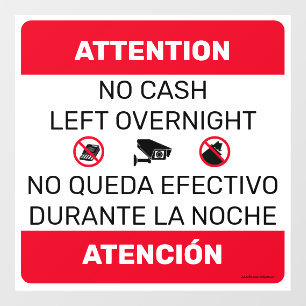 No Cash Left Overnight door window sign. Square
