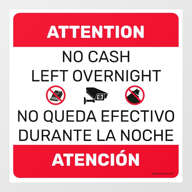 No Cash Left Overnight door window sign. Square (Sheet)
