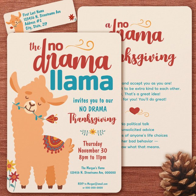 No Drama Llama Thanksgiving Cream Invitation (Full invitation set)