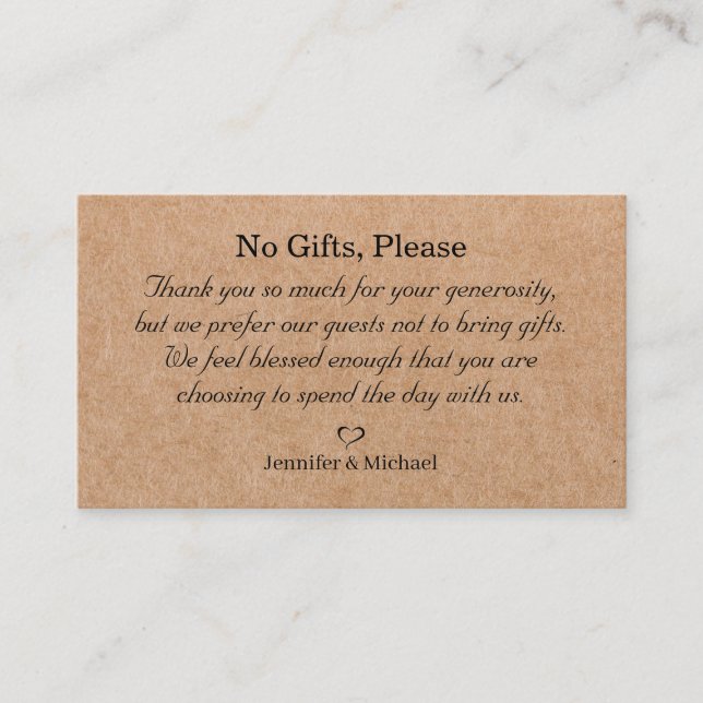 no gifts please, note on wedding gifts kraft brown enclosure card (Front)