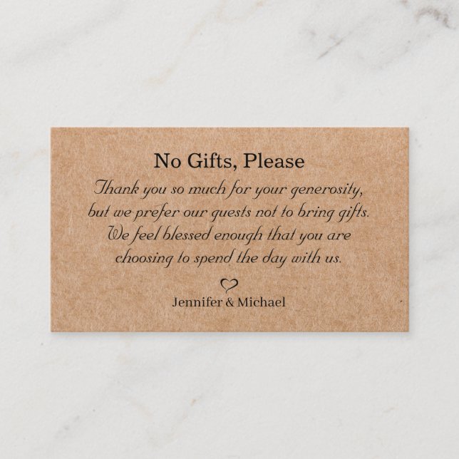 no gifts please, note on wedding gifts kraft brown enclosure card (Front)