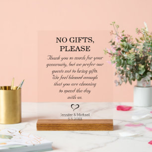 no gifts please, wedding minimal script simple acrylic sign