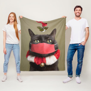 No Kisses This Christmas Cat in Face Mask Fleece Blanket
