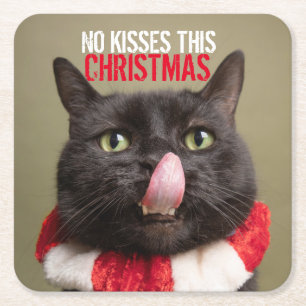 No Kisses This Christmas Funny Cat Tongue Square Paper Coaster