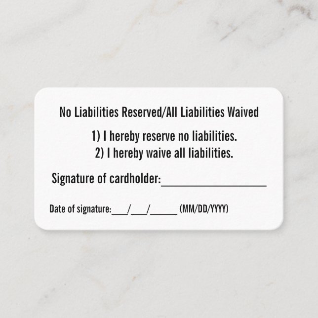 No Liabilities Waiver Business Card (Front)