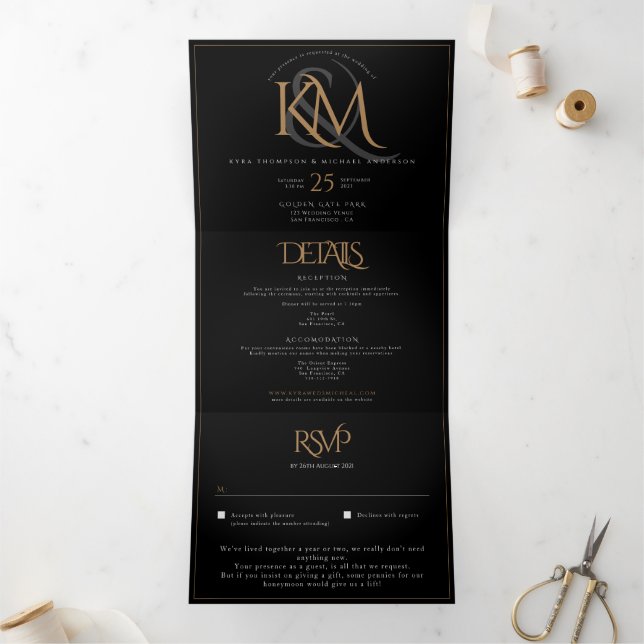 NO MEALS Black Gold Monogram All In One Wedding Tri-Fold Invitation (Inside)
