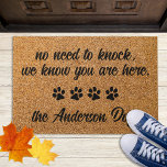 No Need to Knock - Coir Entry Rustic Funny Pet Dog Doormat<br><div class="desc">Welcome guests with this funny doormat ! 
"No need to knock ,  we know you are here." 
The Dogs . 
Welcome Doormat - Dog Paw Print Floor Mat.
Rustic natural faux coir and black design with paw prints. 
COPYRIGHT © 2020 Judy Burrows,  Black Dog Art - All Rights Reserved.</div>