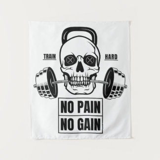 No Pain No Gain Barbell and Skull Tapestry