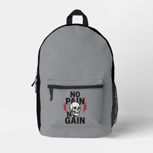 No Pain No Gain – Bold Skull and Lightning Graphic Printed Backpack (Front)