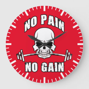 No Pain No Gain - Skull and Barbell - Motivational Large Clock