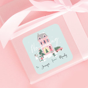 No Peeking Christmas Town & Tree Vintage Van Squar Square Sticker