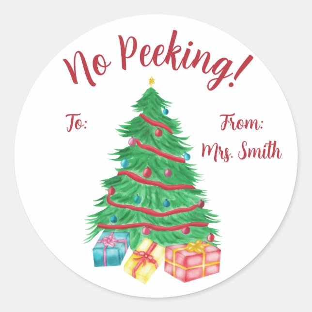 No Peeking!  Christmas Tree with Gifts  Classic Round Sticker (Front)